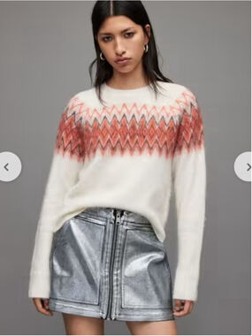AllSaints Clyde Fair Isle Wool Blend Sweater Cream Red Zigzag Size Large